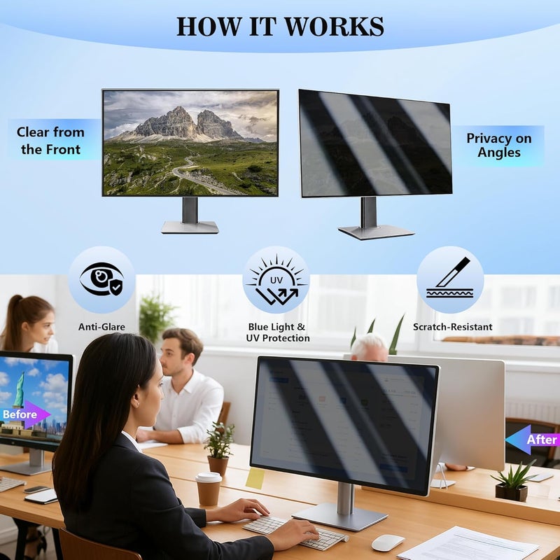 GHY 34 Inch Curved Privacy Screen for Computer Monitor 21:9 Aspect Ratio, Anti Glare Blue Light Blocking Shield, Removable Eye Protector Filter - W x H: 31 1/4" x 13 3/8" (794mm x 340mm) - Image 5